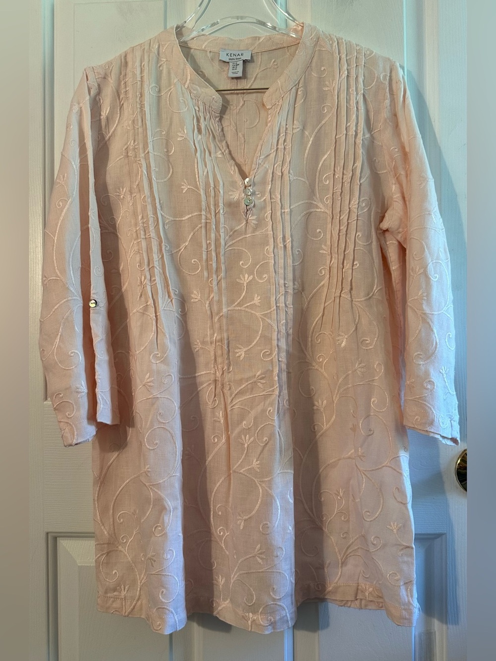 100% Linen Women’s Peach 3/4 Slv Embroidered Capsule Minimalist Breathable Tunic